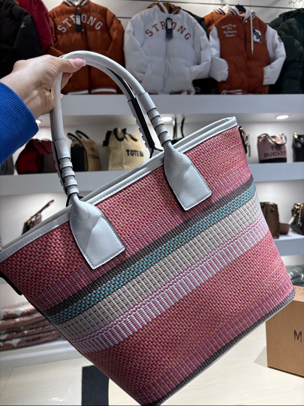 Pink Woven Tote Bag with White Trim
